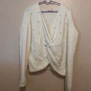 No Boundaries White V-Neck Sweater with Pearl Details